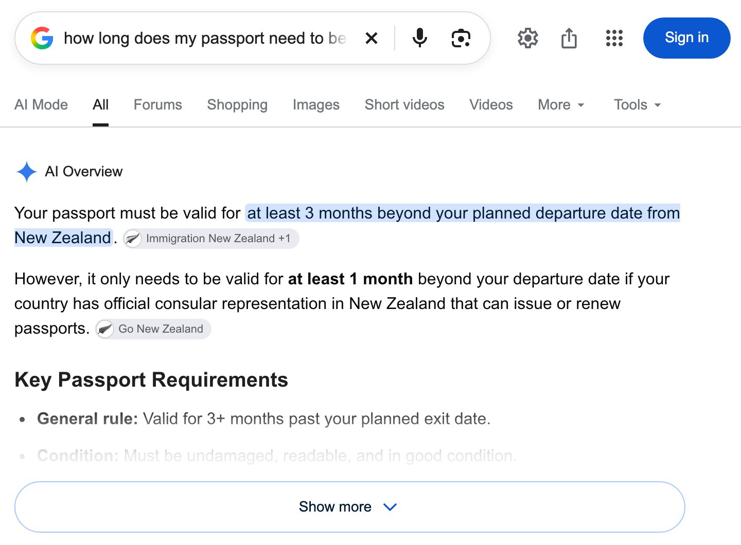 Google results for a question about how long a passport must be valid for a New Zealand visitor visa, led by an AI Overview citing Immigration New Zealand