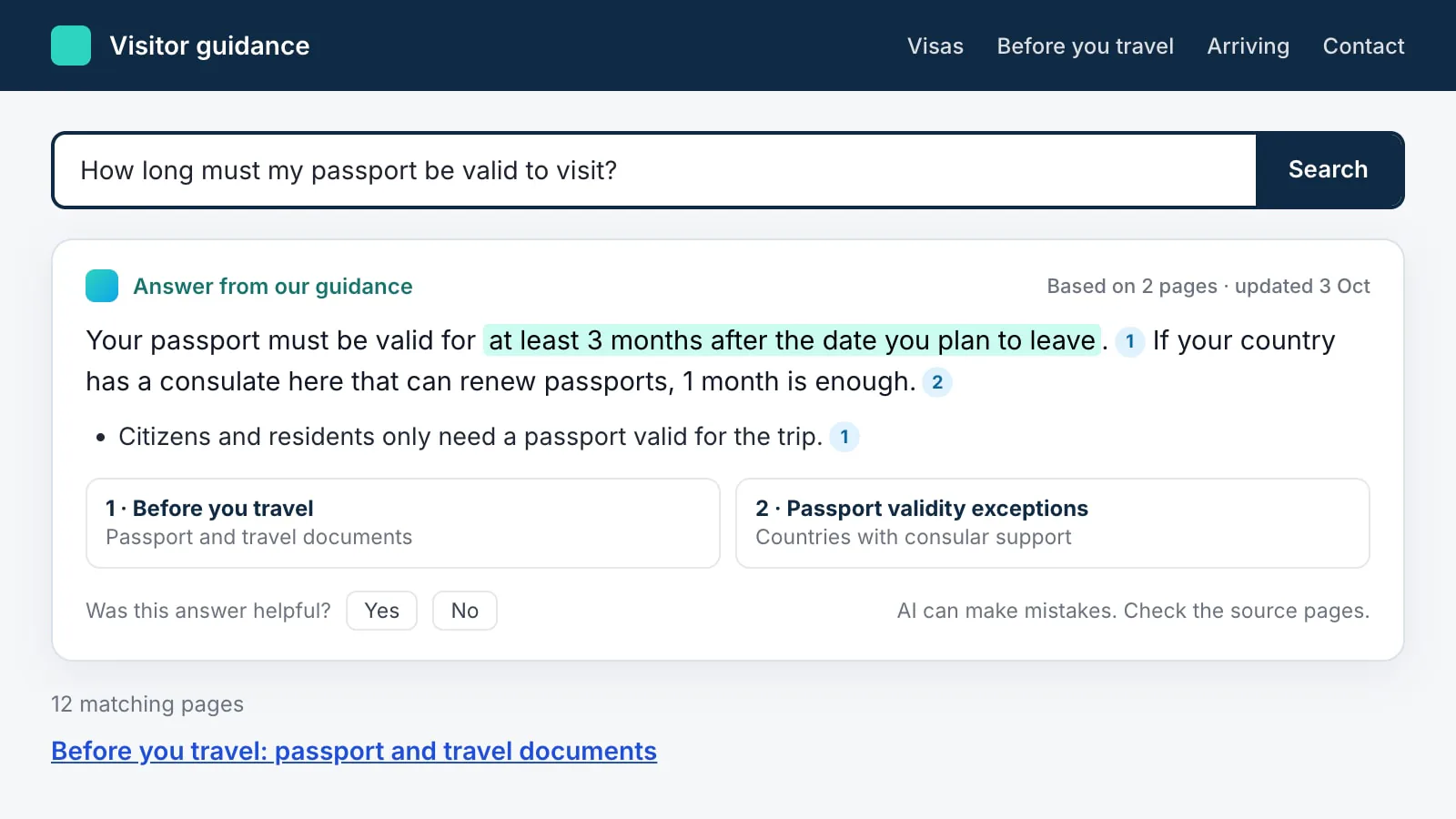 Design pattern for an AI answer in a site search: a short answer with numbered sources, the date the pages were updated, a feedback prompt and a reminder to check the sources