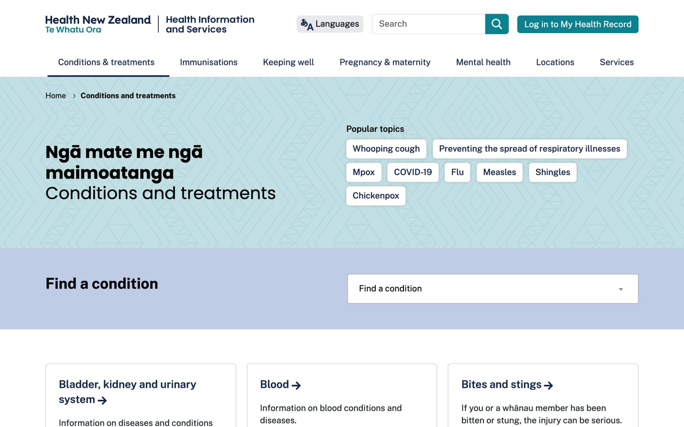 info.health.nz Conditions and treatments page