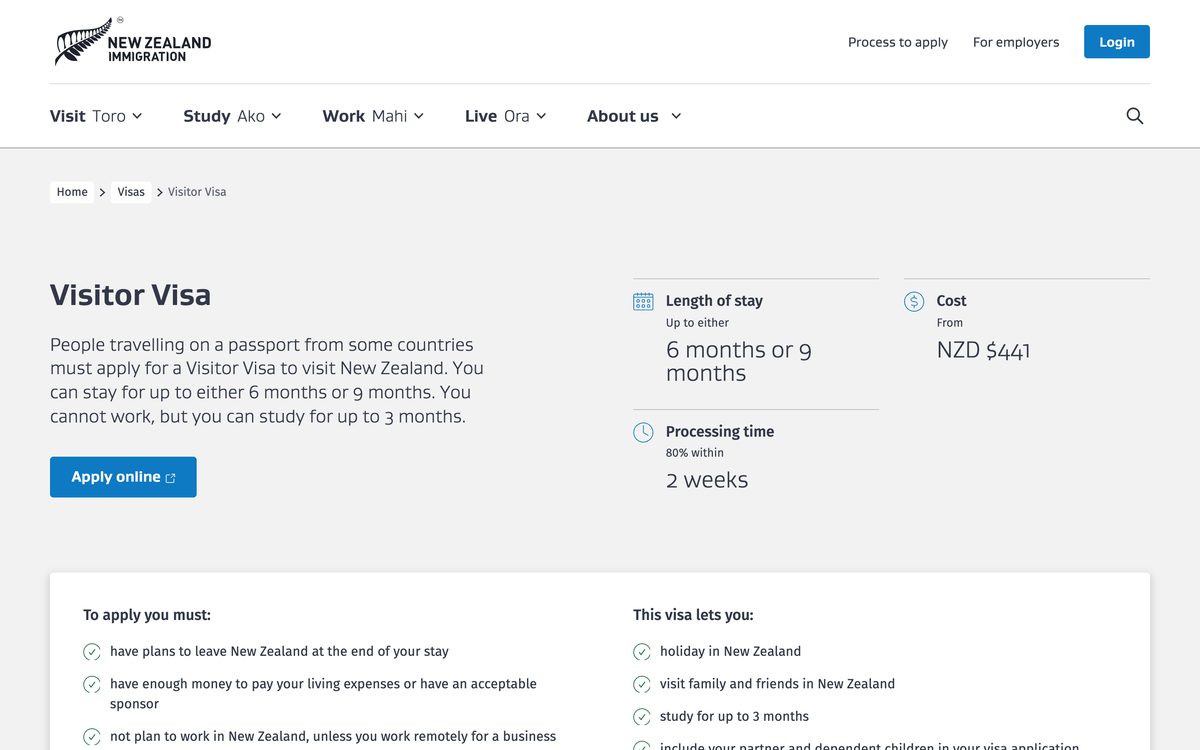 Immigration New Zealand's Visitor Visa page