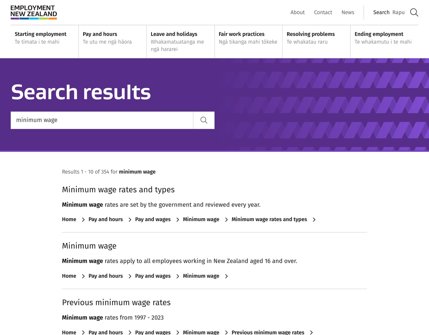 Employment New Zealand site search showing results for minimum wage