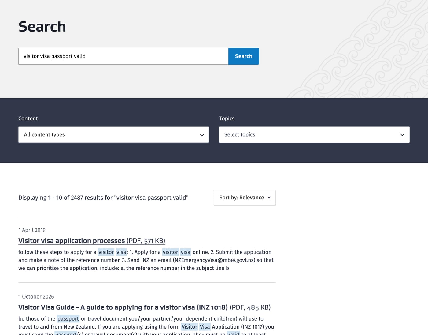 Immigration New Zealand site search showing 2,487 results for visitor visa passport valid