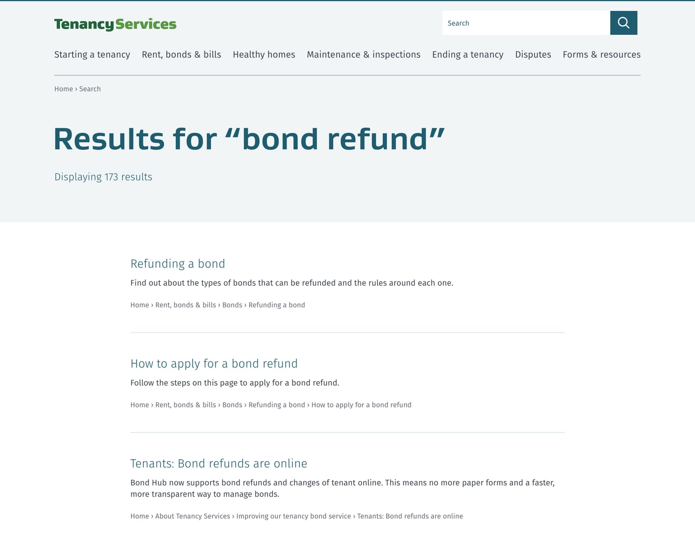 Tenancy Services site search showing 173 results for bond refund