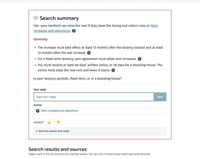 An AI search summary about rent increases, each point numbered to its source, ending with a question back to the user
