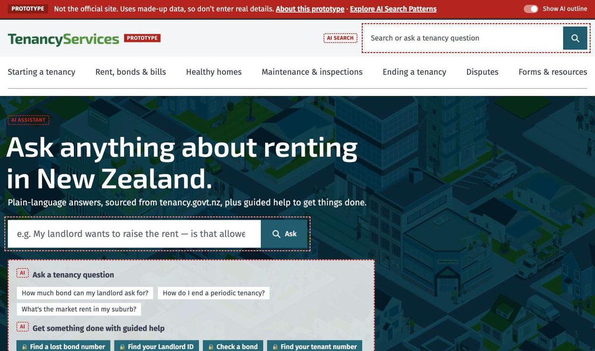 The demo's home page: 'Ask anything about renting in New Zealand', with a question box, suggested questions and buttons for guided tasks