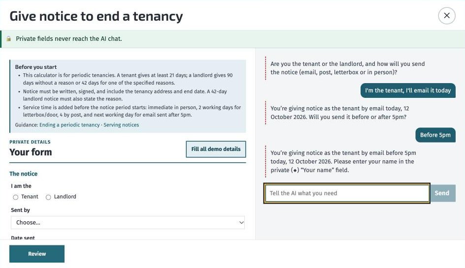 The Give notice to end a tenancy tool: a form on the left with private details, and an AI conversation on the right asking how the notice will be sent