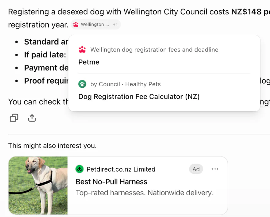 ChatGPT on the cost of registering a desexed dog with Wellington City Council: the sources it used are Petme and a pet-site fee calculator, and a harness ad sits under the answer