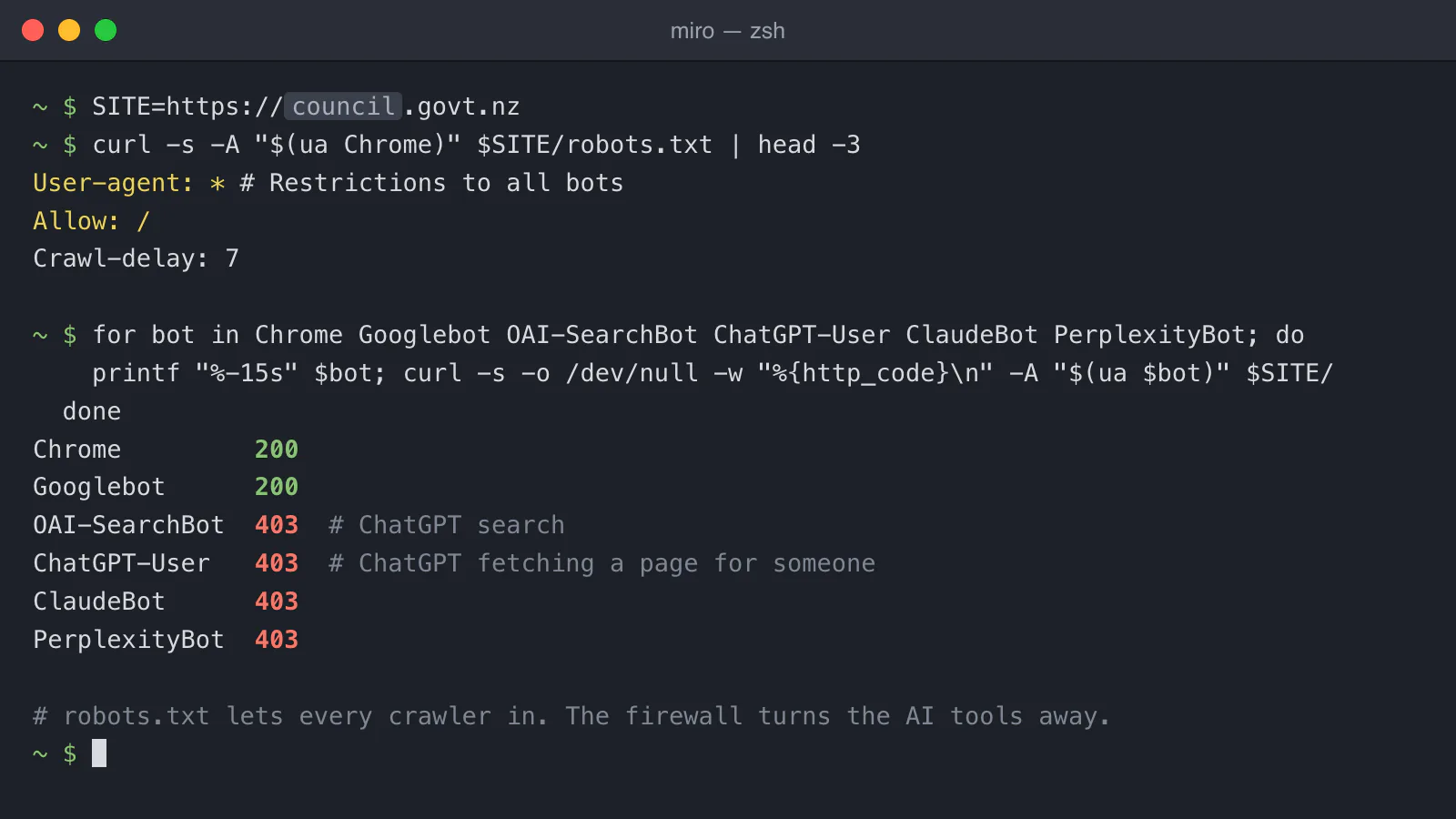 A terminal: a council's robots.txt allows every crawler, but requests to its home page get 200 for Chrome and Googlebot and 403 for OAI-SearchBot, ChatGPT-User, ClaudeBot and PerplexityBot
